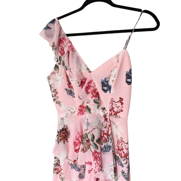 NICHOLAS x REVOLVE 100% Silk Floral Frill Ruffle Asymmetric Midi Dress in Lilac - Picture 4 of 8